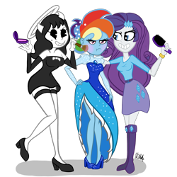 Size: 2000x2000 | Tagged: safe, artist:chelseawest, character:rainbow dash, character:rarity, my little pony:equestria girls, alice angel, bendy and the ink machine, boots, clothing, crossover, cute, dress, garters, high heels, high res, makeover, makeup, rainbow dash always dresses in style, shoes, simple background, skirt, transparent background
