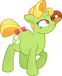 Size: 2438x2991 | Tagged: safe, artist:mellowhen, oc, oc only, oc:bric-a-brac, species:earth pony, species:pony, 2018 community collab, derpibooru community collaboration, bow, chubby, donut, food, licking, simple background, solo, tongue out, transparent background