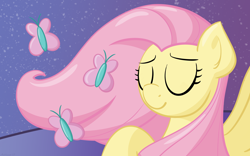 Size: 2560x1600 | Tagged: safe, artist:ashtoneer, character:fluttershy, species:pony, bust, butterfly, eyes closed, female, portrait, smiling, solo