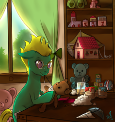Size: 900x948 | Tagged: safe, artist:starshinebeast, oc, oc only, backlighting, craft, glasses, interior, needle, paint, sewing, table, teddy bear, toy, verdana, window, working