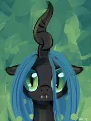Size: 900x1195 | Tagged: safe, artist:tggeko, character:queen chrysalis, species:changeling, abstract background, changeling queen, female, looking at you, nymph, solo