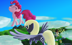 Size: 1024x640 | Tagged: safe, artist:deathpwny, character:derpy hooves, character:pinkie pie, species:pegasus, species:pony, cloud, cloudy, duo, eyes closed, female, flying, fuck the police, house, in which pinkie pie forgets how to gravity, mare, pinkie being pinkie, pinkie physics, ponyville, sky, tree, walking on air