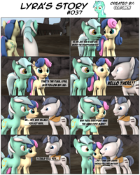 Size: 3927x4915 | Tagged: safe, artist:goatcanon, character:bon bon, character:double diamond, character:lyra heartstrings, character:night glider, character:party favor, character:sweetie drops, comic:lyra's story, 3d, comic, dialogue, equal cutie mark, equal town, our town, source filmmaker, starlight's village