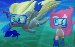 Size: 1000x625 | Tagged: safe, artist:deathpwny, character:derpy hooves, character:pinkie pie, species:pegasus, species:pony, diving, eel, female, fish, flippers, goggles, mare, snorkel, swimming goggles, underwater