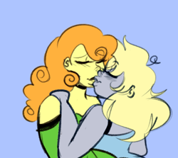 Size: 333x297 | Tagged: safe, artist:cubbybatdoodles, colorist:ironhades, edit, character:carrot top, character:derpy hooves, character:golden harvest, species:human, ship:derpytop, color edit, colored, ditzy doo, female, kissing, lesbian, shipping, sketch