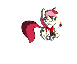 Size: 1440x1200 | Tagged: safe, artist:daisyhead, oc, oc only, oc:flicker, species:earth pony, species:pony, 2018 community collab, derpibooru community collaboration, clothing, fire, food, grin, lidded eyes, marshmallow, ponibooru film night, scarf, simple background, smiling, transparent background
