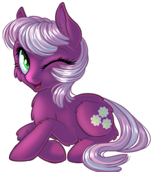 Size: 579x647 | Tagged: safe, artist:kittehkatbar, character:cheerilee, species:earth pony, species:pony, cheeribetes, chest fluff, cute, female, fluffy, mare, one eye closed, prone, simple background, smiling, solo, transparent background, wink