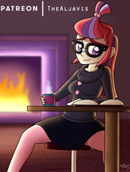 Size: 750x1000 | Tagged: safe, artist:thealjavis, character:moondancer, my little pony:equestria girls, adorkable, book, clothing, cute, dancerbetes, dork, equestria girls-ified, female, fireplace, glasses, skirt, socks, solo, stockings, sweater, thigh highs, turtleneck