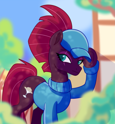 Size: 1119x1200 | Tagged: safe, artist:edowaado, character:fizzlepop berrytwist, character:tempest shadow, species:pony, species:unicorn, my little pony: the movie (2017), building, cap, clothing, cloud, eye scar, female, hat, mare, ponyville, raised hoof, scar, shrub, sky, solo, sweater