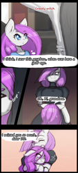 Size: 864x1920 | Tagged: safe, artist:darkestmbongo, oc, oc only, oc:d.d, unnamed oc, species:earth pony, species:pony, comic:ddthemaid memories, amputee, arm hooves, ask ddthemaid, boop, choking, clothing, comic, dialogue, dress, female, hug, intimidating, missing arm, questionable series, skirt, stump, sweat, sweatdrop