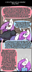 Size: 864x1920 | Tagged: safe, artist:darkestmbongo, oc, oc only, oc:d.d, unnamed oc, species:anthro, species:earth pony, species:pony, comic:ddthemaid memories, arm hooves, ask ddthemaid, big breasts, boop, breasts, clothing, comic, dialogue, dress, female, grammar error, hug, intimidating, questionable series, skirt, sweat, sweatdrop