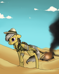 Size: 1050x1300 | Tagged: safe, artist:sinrar, character:daring do, species:pegasus, species:pony, g4, bandage, clothing, crash, desert, female, fire, hat, injured, injured wing, mare, pith helmet, solo, train, train tracks, train wreck, uncharted