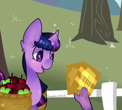 Size: 2201x2000 | Tagged: safe, artist:bunxl, character:spike, character:twilight sparkle, species:dragon, species:pony, species:unicorn, episode:the ticket master, g4, my little pony: friendship is magic, apple, fence, food, golden ticket, heart eyes, scene interpretation, sweet apple acres, wingding eyes