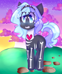 Size: 2500x3000 | Tagged: safe, artist:bunxl, oc, oc only, species:earth pony, species:pony, bone, clothing, costume, grin, skeleton, skeleton costume, smiling, solo