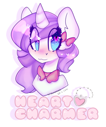 Size: 2500x3000 | Tagged: safe, artist:bunxl, oc, oc only, oc:heart charmer, species:pony, species:unicorn, :3, bow, bow tie, bust, hair bow, heart eyes, simple background, solo, wingding eyes
