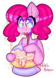 Size: 2500x3500 | Tagged: safe, artist:bunxl, character:pinkie pie, species:anthro, species:earth pony, species:pony, :3, arm hooves, baking, batter, big breasts, breasts, cake batter, female, simple background, solo, tongue out, transparent background
