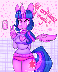 Size: 1614x2023 | Tagged: safe, artist:bunxl, character:twilight sparkle, character:twilight sparkle (alicorn), species:alicorn, species:anthro, species:pony, alternate hairstyle, boob window, breasts, busty twilight sparkle, clothing, female, mirror, peace sign, selfie, solo, sweater