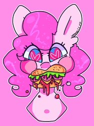 Size: 3000x4000 | Tagged: safe, artist:bunxl, character:pinkie pie, species:earth pony, species:pony, burger, dripping, female, food, hamburger, heart eyes, nom, solo, wingding eyes