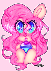 Size: 2903x4000 | Tagged: safe, artist:bunxl, character:fluttershy, species:pegasus, species:pony, bust, colored pupils, date, drink, drinking straw, ear fluff, female, heart eyes, looking at you, pink background, signature, simple background, slushie, solo, unshorn fetlocks, wingding eyes