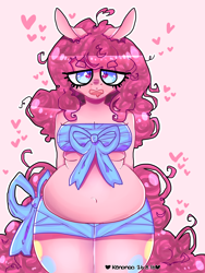 Size: 3000x4000 | Tagged: safe, artist:bunxl, character:pinkie pie, species:anthro, species:earth pony, species:pony, alternate hairstyle, belly, belly button, chubby, drool, fat, female, frazzled hair, heart, pudgy pie, solo