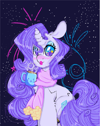 Size: 5080x6392 | Tagged: safe, artist:bunxl, character:rarity, species:pony, species:unicorn, absurd resolution, blushing, chocolate, clothing, female, food, hot chocolate, lipstick, scarf, solo