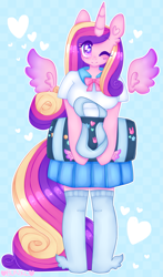 Size: 2061x3500 | Tagged: safe, artist:bunxl, character:princess cadance, species:alicorn, species:anthro, species:pony, species:unguligrade anthro, breasts, busty princess cadance, clothing, female, floating wings, heart, heart eyes, mare, one eye closed, school uniform, solo, wingding eyes, wink