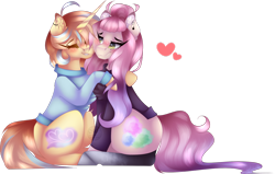 Size: 1024x650 | Tagged: safe, artist:mauuwde, oc, oc only, oc:cotton cloud, oc:leah, species:earth pony, species:pony, species:unicorn, chest fluff, clothing, female, hug, mare, simple background, sitting, sweater, transparent background