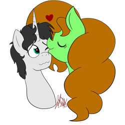 Size: 2000x2000 | Tagged: safe, artist:chelseawest, oc, oc only, oc:dr. west, oc:painted petal, species:pegasus, species:pony, species:unicorn, female, heart, high res, kissing, male, mare, simple background, stallion, transparent background