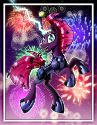 Size: 3000x3856 | Tagged: safe, artist:gray--day, character:fizzlepop berrytwist, character:tempest shadow, species:pony, my little pony: the movie (2017), armor, broken horn, clothing, electricity, eye scar, female, fireworks, fizzlepop's fireworks, hat, mare, open mouth, party hat, party horn, rearing, scar, solo