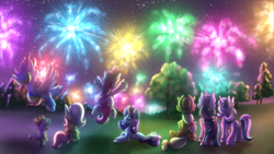 Size: 1920x1080 | Tagged: safe, artist:shad0w-galaxy, character:applejack, character:fluttershy, character:pinkie pie, character:rainbow dash, character:rarity, character:spike, character:starlight glimmer, character:twilight sparkle, character:twilight sparkle (alicorn), species:alicorn, species:dragon, species:pony, cheek fluff, chest fluff, ear fluff, fireworks, happy new year, happy new year 2018, holiday, leg fluff, mane seven, mane six, new year, scenery, shoulder fluff, unshorn fetlocks, wing fluff