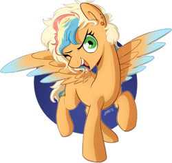 Size: 990x938 | Tagged: safe, artist:nolycs, oc, oc only, oc:cloud burst, parent:applejack, parent:rainbow dash, species:pegasus, species:pony, female, looking at you, mare, offspring, one eye closed, parents:appleblitz (straight), simple background, solo, transparent background