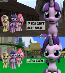 Size: 3860x4350 | Tagged: safe, artist:goatcanon, character:fluttershy, character:pinkie pie, character:starlight glimmer, character:twilight sparkle, 3d, before and after, dialogue, equal town, our town, ponyville, starlight's village, town hall