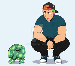 Size: 1024x891 | Tagged: safe, artist:nolycs, character:rainbow dash, character:tank, species:human, cap, clothing, converse, hat, humanized, male, multicolored hair, pants, rainbow blitz, rule 63, shirt, shoes, simple background, smiling, squatting, sunglasses, tortoise, watermark