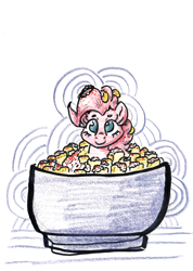 Size: 912x1280 | Tagged: safe, artist:shoeunit, character:pinkie pie, species:earth pony, species:pony, bowl, colored pencil drawing, corn, esquites, female, food, mare, ponies in food, solo, traditional art