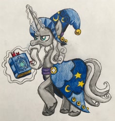 Size: 2547x2692 | Tagged: safe, artist:bozzerkazooers, character:star swirl the bearded, species:pony, species:unicorn, book, clothing, glowing horn, hat, magic, male, solo, stallion, traditional art, wizard hat