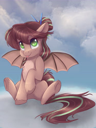 Size: 6096x8128 | Tagged: safe, artist:ardail, oc, oc only, oc:cocoa dot, species:bat pony, species:pony, absurd resolution, bat pony oc, blep, chest fluff, cloud, cute, female, mare, silly, sitting, sky, smiling, solo, spread wings, tongue out, unshorn fetlocks, wings