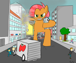 Size: 1200x1000 | Tagged: safe, artist:rapidstrike, character:babs seed, species:earth pony, species:human, species:pony, box truck, bus, car, city, cityscape, destruction, downtown, giant/macro earth pony, giant/macro/mega babs seed, giantess, macro, semi truck, street, tree