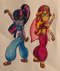 Size: 2342x2764 | Tagged: safe, artist:bozzerkazooers, character:sunset shimmer, character:twilight sparkle, character:twilight sparkle (scitwi), species:eqg human, my little pony:equestria girls, bedroom eyes, belly button, belly dancer, belly dancer outfit, bracelet, clothing, cutie mark on clothes, ear piercing, earring, glasses, harem outfit, hooped earrings, jewelry, midriff, pants, piercing, ponytail, traditional art, veil