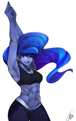 Size: 627x1000 | Tagged: safe, artist:xxmarkingxx, character:princess luna, species:human, abs, armpits, black sweatpants, clothing, female, humanized, midriff, muscles, pants, pony coloring, princess muscle moona, smiling, solo, sports bra, sweatpants, workout