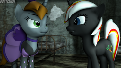 Size: 3840x2160 | Tagged: safe, artist:goatcanon, oc, oc:littlepip, oc:velvet remedy, species:pony, species:unicorn, fallout equestria, 3d, clothing, crossover, cute, dress, duo, fallout, fanfic, fanfic art, female, gmod, horn, mare, open mouth, source filmmaker, teeth, tomboy taming, unamused