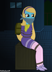 Size: 755x1057 | Tagged: safe, artist:robukun, oc, oc only, oc:shine, my little pony:equestria girls, clothing, cosplay, costume, daphne blake, dress, gag, high heels, pantyhose, scooby doo, shoes, skirt, tied up