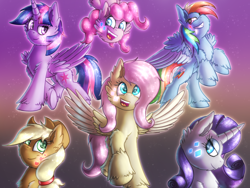 Size: 2000x1500 | Tagged: safe, artist:shad0w-galaxy, character:applejack, character:fluttershy, character:pinkie pie, character:rainbow dash, character:rarity, character:twilight sparkle, character:twilight sparkle (alicorn), species:alicorn, species:earth pony, species:pegasus, species:pony, species:unicorn, alternative cutie mark placement, cheek fluff, chest fluff, ear fluff, facial cutie mark, female, fluffy, friends, mane six, mare, smiling