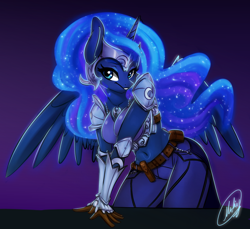 Size: 938x861 | Tagged: safe, artist:xxmarkingxx, character:princess luna, species:alicorn, species:anthro, species:pony, armor, bedroom eyes, belly button, breasts, busty princess luna, clothing, ethereal mane, female, looking at you, mare, sexy, simple background, smiling, smiling at you, solo, stupid sexy princess luna, unconvincing armor