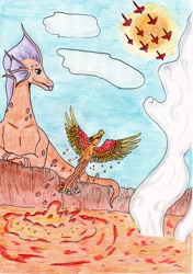Size: 1642x2330 | Tagged: safe, artist:kuroneko, derpibooru original, species:bird, species:dragon, species:phoenix, colored pencil drawing, dragoness, female, lava, smoke, traditional art