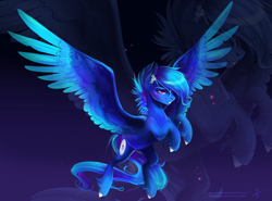 Size: 7600x5627 | Tagged: safe, artist:wilvarin-liadon, oc, oc only, oc:north star, species:pegasus, species:pony, absurd resolution, commission, flying, grin, male, smiling, solo, spread wings, stallion, unshorn fetlocks, wings, zoom layer