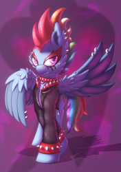 Size: 1728x2460 | Tagged: safe, artist:shad0w-galaxy, character:rainbow dash, species:pegasus, species:pony, alternate hairstyle, bracelet, clothing, collar, feather piercing, female, jacket, jewelry, leather jacket, looking at you, mare, mascara, mohawk, piercing, punk, rainbow punk, smiling, solo, spiked collar, spiked wristband, spikes, spiky hair, studded bracelet, wing piercing, wings, wristband, zipper
