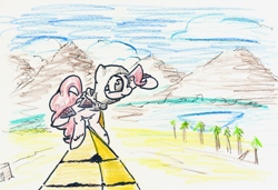 Size: 1280x877 | Tagged: safe, artist:shoeunit, character:pinkie pie, species:earth pony, species:pony, assassin's creed, clothing, female, hood, mare, mountain, pyramid, solo, traditional art