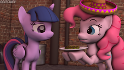 Size: 3840x2160 | Tagged: safe, artist:goatcanon, character:pinkie pie, character:twilight sparkle, character:twilight sparkle (alicorn), species:alicorn, species:pony, 3d, alleyway, duo, food, plate, sombrero, source filmmaker, taco, they're just so cheesy