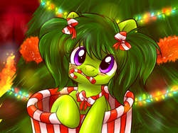 Size: 1024x768 | Tagged: safe, artist:fizzy-dog, oc, oc only, oc:lemonade, blushing, bow, candy, candy cane, christmas, cute, looking at you, mouth hold, nom, ocbetes, pigtails, smiling, solo