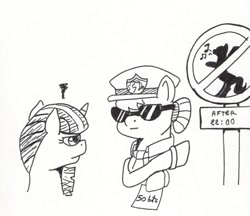 Size: 838x724 | Tagged: safe, artist:kuroneko, derpibooru original, character:copper top, character:twilight sparkle, character:twilight sparkle (alicorn), species:alicorn, species:earth pony, species:pony, clothing, duo, female, hat, ink drawing, mare, monochrome, police, police officer, police pony, police uniform, sign, simple background, sunglasses, traditional art, white background